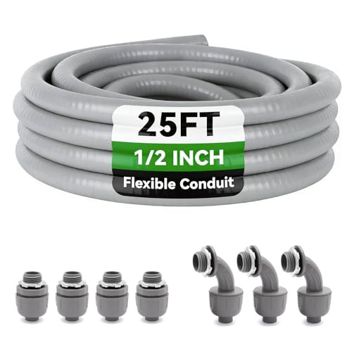 25 Ft Liquid-Tight Conduit and Connector Kit - 1/2 inch Flexible Non Metallic Liquid Tight Electrical Conduit and 4 Straight and 3 Angle Fittings Included. 1/2 Dia