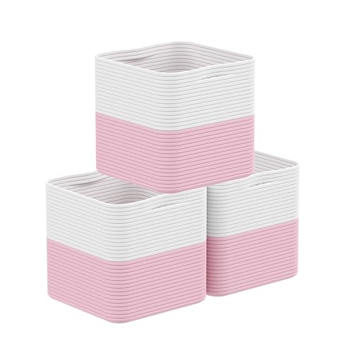 Image of Eblog Storage Cotton Cubes 11 Inch, Woven Cotton Rope Storage Baskets for Toys Blanket Organizing, Storage Bins Decorative Organizer with Handles for Living Room Laundry Room Closet (3 Pack, Pink)