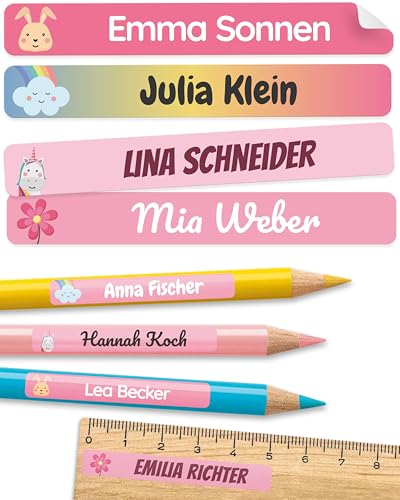 melu kids Namensaufkleber Kinder für Schule & Kita (75 Stück) - Personalisierte Aufkleber mit Namen für Stifte und alle Schulsachen - Wasserfest in Spülmaschine (Himbeerrosa)