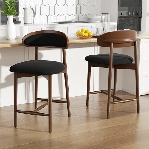 Image of Bar Stools Set of 2, Upholstered Counter Height Bar Stools, Mid Century Modern Counter Stools with Wood Legs for Kitchen Island, Black