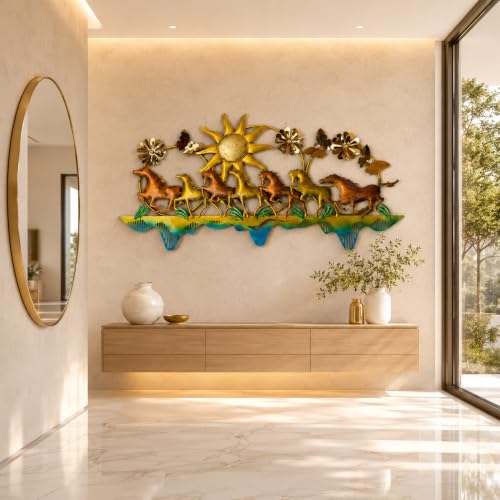 Image of SHREE 'O' GREEN TECH - Large Multicolor Running Horses Metal Wall Decor Big Seven Horse Artwork with Sunrise Floral Design Wall Hanging for Vastu Living Room (51 x 25 Inch)