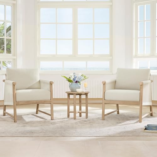 CHITA Boho Rattan Chairs Set for Sunroom, Outdoor/Indoor, Modern Wicker Armchair with Thickened Cushions & Acacia Wood Frame (Cream)
