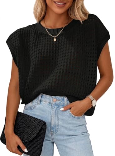 Chicrise Top Damen Fledermausärmel Mesh Strick Pullunder Oversize Sommer Hawaii Tshirt Basic Mode Schwarz X-Groß 46-48XL