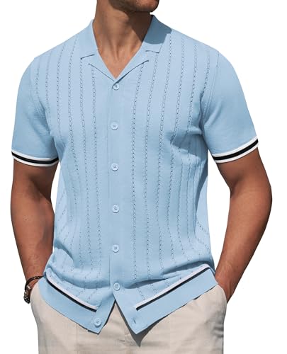 Alimens & Gentle Men's Short Sleeve Button Down Shirts Knit Casual Shirts for Men Vintage Cuban Shirt Striped Knitted Sky Blue
