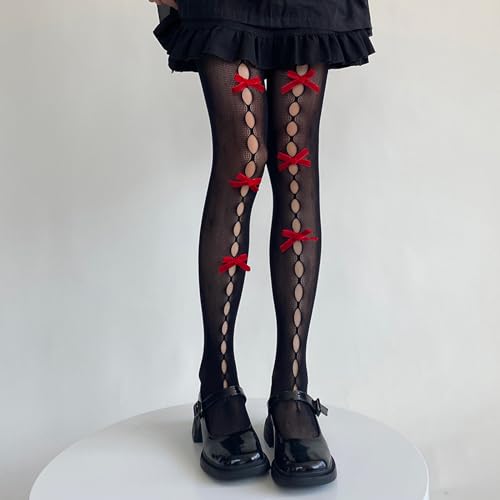 Image of SOLILOQUY Women's Lolita Pattern Tights Kawaii Velvet Bowtie Fishnet Stockings Leggings Mesh Pantyhose Hollow Out lace Socks