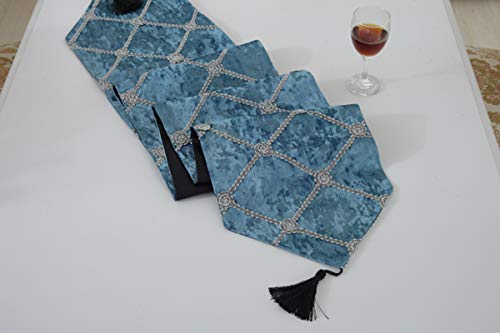 Chemin de table automne bleu lin coton déco table moderne 28x210cm