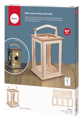 Rayher Holz Laterne Basic, mit Griff,15,3 x 15,3 x 26,5 cm, Holzbausatz, 15-tlg., FSC zertifiziert, Windlicht, für LED-Kerze, Lichterkette, 64644505