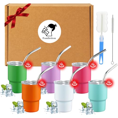Funiletion Mini vaso de chupito de 2 onzas con popote, incluye 2 pinceles, doble pared sellada al vacío, taza de viaje de acero inoxidable para bebidas frías y calientes, juego de 6 colores
