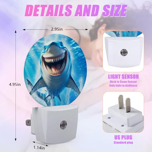 Image of Funny Shark Night Light Sea Animals Night Lights LED Lamp Round Plug into Wall Nightlight with Dusk to Dawn Sensor Home Hallway Stairway Kitchen Decor