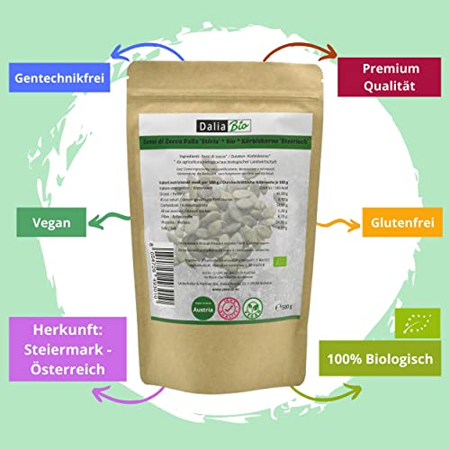 Dalia - Steirische Kürbiskerne BIO 500 g | roh und unbehandelt | Hochwertige Kerne aus der Steiermark | Glutenfrei | 100% Bio-Qualität