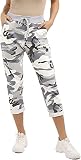 Prettymake Damen-Jogginghose mit Blumenmuster und Kordelzug, kariert, italienischer gerippter Bund, für den Sommer, Jogger, Fitnessstudio, Laufen, Camo – Beige, 48