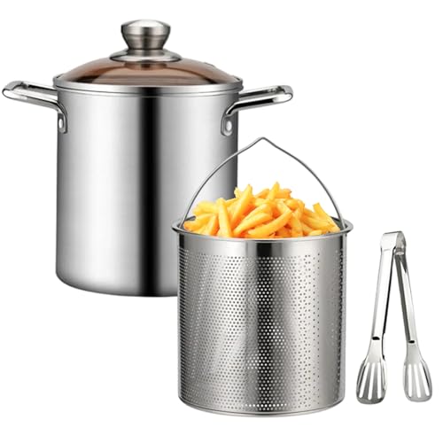 Yuehuam Deep Fryer Pot, Small Stainless Steel Deep Frying Pot with Frying Basket and Food Tongs, Fish Fryer Pot Japanese Tempura Fry Pot for Kitchen French Fries Chicken