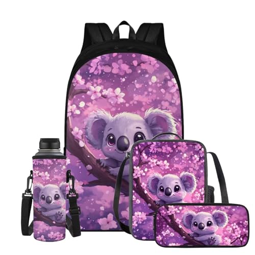 Koala Bookbag and Lunch Box Set for Girls Lightweight Backpack with Lunch Bag Pencil Case and Cute Water Bottle Holder 4 in 1 School Backpack Set for Primary School Students