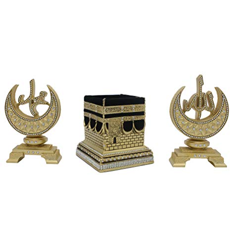 Modefa Islamic Turkish Home Table Decor Gift Set Package | Al-Masjid an-Nabawi Green Dome | Crescent Moon Allah Muhammad | Kaba Replica Model (Gold - Kaba/Allah/Muhammad)