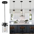 Pendant Lighting for Kitchen Island, Modern Glass Pendant Light Linear Chandelier for Dining Room, 1 Light Industrial Hanging Light Fixture Adjustable Cord Farmhouse Ceiling Light Black Finish