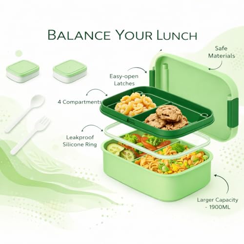 Image of YELONA Lunch Box for Office & Kids 1900ML | Double Layer Leakproof Bento Box with 5 Compartments | Microwave Safe, Built-in Spoon & Fork, BPA Free Tiffin Box - Green
