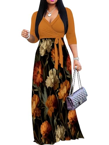 Image of Plus Size Maxi Dress for Women V Neck Flowy Dresses with Pockets for Wedding Guest Church