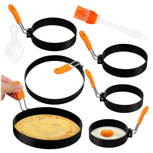 HOLIDYOYO 6 Pcs Stainless Steel Egg Rings Crumpet Pancake Molds with Brush Egg Separator Versatile Cooking Tools Omelettes Pies Breakfast Items