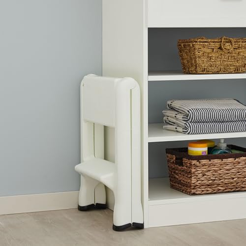 Image of Rubbermaid Two-Step Folding Foot Stool 14-Inch High White 300 Pound Capacity Small Step Stool for Adults /Kids for Use in Library /Kitchen /Bathroom /Garage /Closet