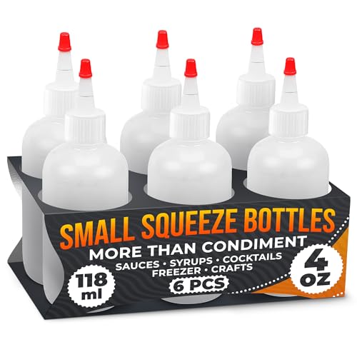 6-Pack Squeeze Bottles for Liquids 4 oz with Scale – No-Mess Dispensing | Clear Condiment Bottle Set for Sauces, Oil, Dressing, Syrup, Ketchup, Mustard & Cookie Decorating – Refillable Squirt Bottles