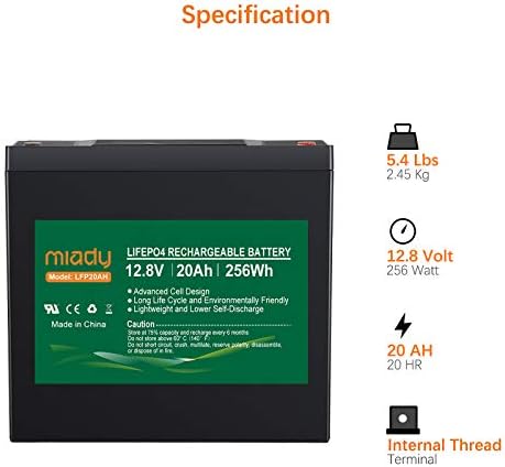 Miady 12V 20Ah Deep Cycles LiFePO4 Battery for Solar, UPS, Lawn Mower, Golf Cart, Electric Mobility Scooter, Boat and etc. Rechargeable & Maintenance-Free