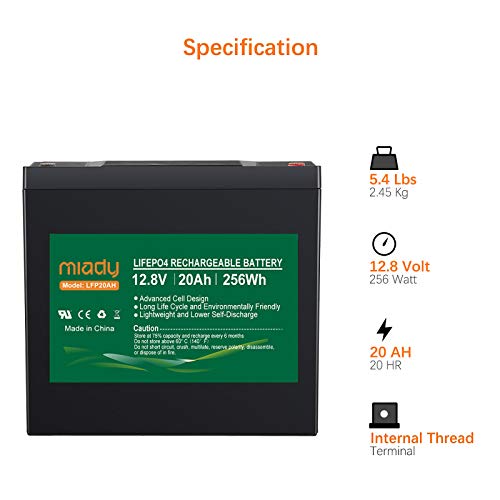 Miady 12V 20Ah Deep Cycle LiFePO4 Battery, 2000 Cycles LFP16AH Rechargeable Battery, Maintenance-Free Battery for Golf Cart, Boat, Solar System, UPS and More - Thumbnail 2
