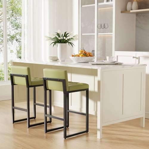 Image of 24 inch Bar Stools Set of 2, Modern Faux Leather Counter Height Bar Stools with Low Back and Footrest, Sturdy Thickened Metal Leg, Upholstered Kitchen Bar Chairs for Island, Green