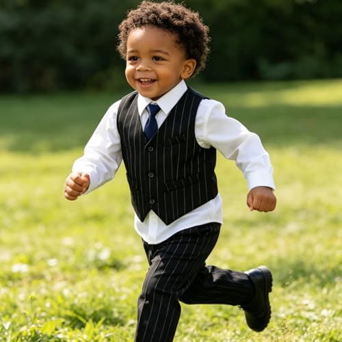 Image of Baby Boy Formal Suit for Toddler Infant Tuxedo Dress Suits | Little Gentleman, Wedding Ring Bearer Outfit, Vest Pants Long-Sleeve Shirt Tie, Birthday Party Christmas Prom, Classic