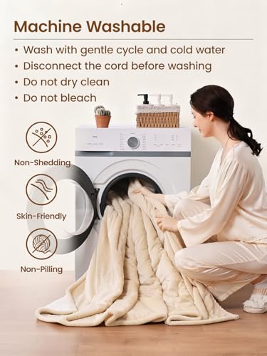 Image of Bearhug Electric Blanket Throw Size, 50 inch x 60 inch Heated Blanket with 6 Heating Levels & 4H Auto Shut-Off, Machine Washable Soft Velvet to Sherpa Reversible Heated Throw for Office, Couch and Sofa Beige