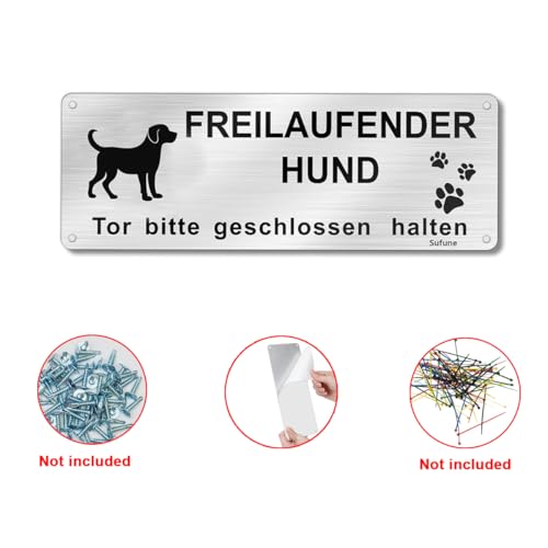 Vorsicht Freilaufender Hund, 1 Stück Achtung Hund Schild, Schild Warnung vor Dem Hund, Warnschild Hund Aluminium mit Selbstklebend und Vorgebohrten Löchern, 25x 9cm, Innen/Außen