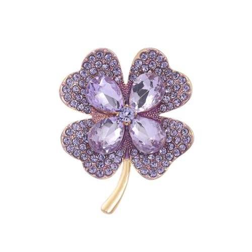 Image of Rhinestone Purple Clover Leaf Brooch Pin for Women Girls Unisex Vintage Crystal Flower Brooches Lapel Pins Luck Decor Dress Accessories Christmas Birthday Thanksgiving Jewelry Gift