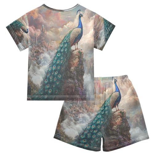 ALAZA Peacock Cloud Bird Castle Pajamas Set Short Sleeve Cotton Sleepwear Summer Pjs 2 Piece 5-14Y2