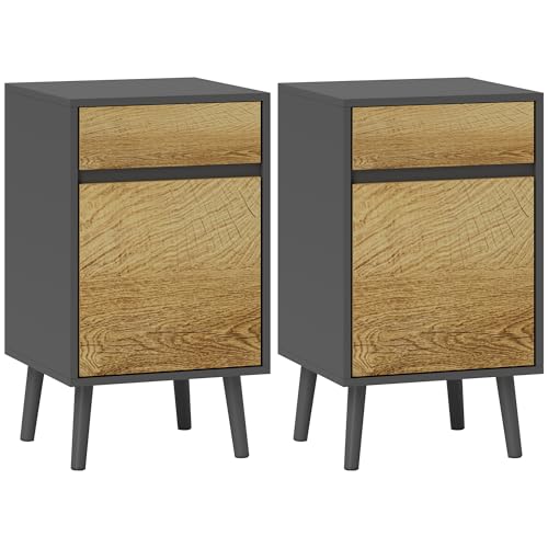 HOMCOM Lot de 2 Tables de Chevet Table de Nuit avec tiroirs et Placard, Style Moderne pour Chambre à Coucher, Salon, 40 x 39 x 69 cm, Gris foncé