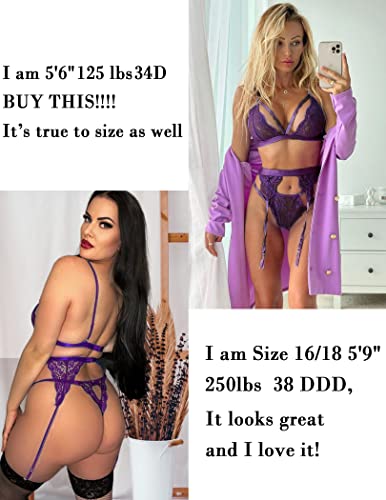 Avidlove Women Lace Lingerie Set with Garter Belts Strap Babydoll Bodysuit Bra and Panty Set Purple Small - Image 4