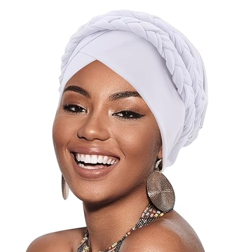 African Women Turban Caps Beanie Twist Headscarf Pre Tied Double Braid Headwrap Hat (White)
