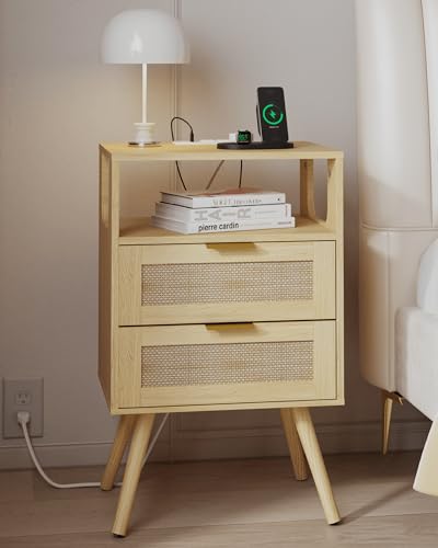 Image of JOONEE Rattan Nightstand with Charging Station,Farmhouse Bedside Table with 2 Storage Drawer and Open Wood Shelf, for Bedroom and Small Spaces,Night Stand with Solid Wood Legs (Yellow Oak-Outlet)