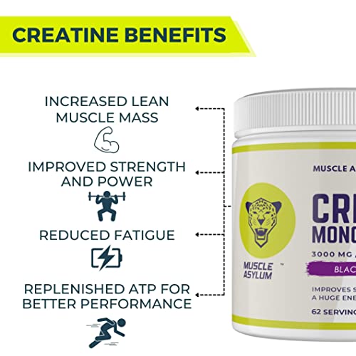 Image of Muscle Asylum - Pure Micronised Creatine Monohydrate,Black Grap Flavored (250g, 62 Servings), Rapid Absorption, Enhanced Muscle Strength & Power, Fast Recovery,Increased Muscle Mass Powder