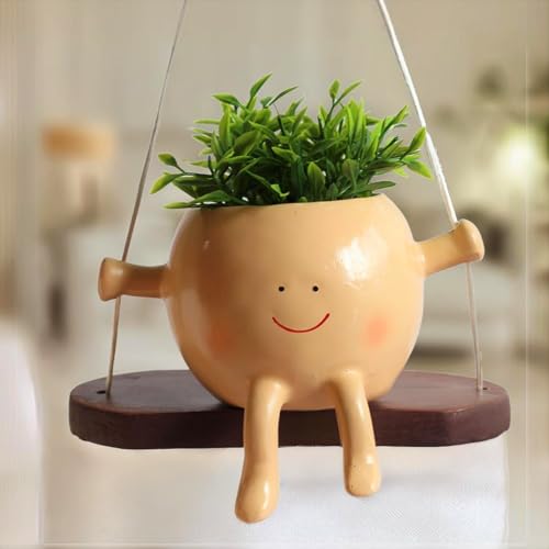 Image of Swing Face Planter Pot Hanging Resin Flower Head Planters for Indoor Outdoor Plants Succulent Pots for String of Pearls Snake Plant Live Gift Ideas for Mothers & Housewarming