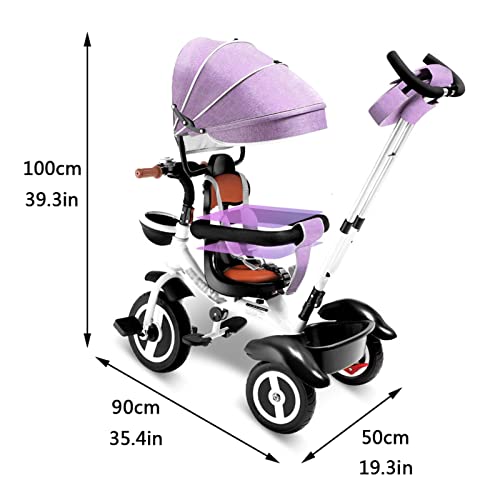 LSHAN 4 in 1 Kinderdreirad Trike Kinderwagen, Kinder-Pedal-Jogger Dreirad mit Schubstange/Abnehmbares faltbares Verdeck… – Bild 3