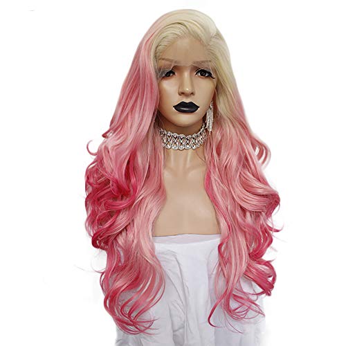 Anogol Hair Cap + Pink Lace Front Wig with Side Part Pink Ombre Lace Wig Body Wave Lace Front Wigs Long Multicolor Front Lace Wigs Pink Synthetic Hair Wigs for White Women