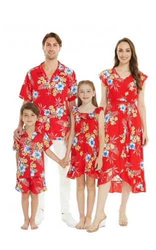Image of Matchable Family Hawaiian Luau Men Women Girl Boy Clothes in Hibiscus Red