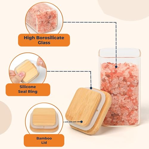 Image of Airtight Square Glass Storage Jar with Bamboo Lid, 950ml Multipurpose Kitchen Container for Coffee, Tea, Sugar, Masala, Spices & Dry Fruits | Modern Transparent Pantry Organizer (Pack of 1)