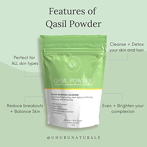 Uhuru Naturals Qasil Powder 20 Grams – Ancient Somali Beauty Secret, Gentle Deep Cleansing Facial Mask Powder for Beautiful Glowing Skin. Brightens. Detoxifies