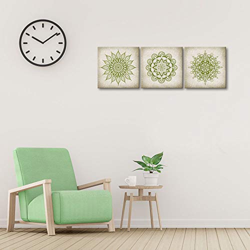 Klvos Mandala Wall Art For Living Room 3 Piece Lemon Green Boho Flowers Pattern Canvas Prints Artwork Vintage Floral Pictures Stretched Framed For Girl Yoga Spa Decorations 12Inchx12Inchx3 Panel #TOP1
