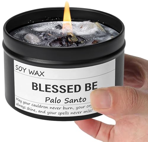 Chloefu LAN Obsidian Crystal Blessed Be Energy Candle Good Aura Health Protection Magical Palo Santo Jar Candle Witchy Home Ambiance Witch Spell Ritual Candle for Spiritual Cleansing