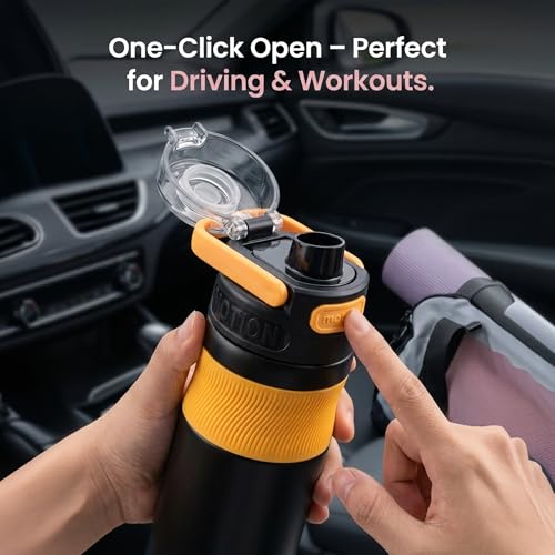 Image of 600ml Insulated Water Bottle with Straw - Premium SUS 316 Stainless Steel Sport Flask - Insulated Hot & Cold, Leak-Proof One-Click Flip Top - Gym & Travel Bottle (Midnight Gold)