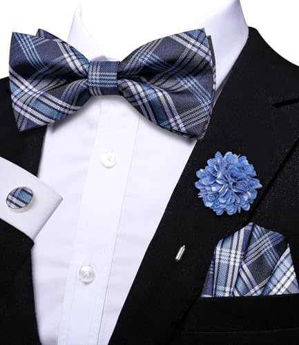 Image of Hi-Tie Bow Ties for Men Pre-Tied Pocket Square with Cufflinks Mens Bowtie Sets for Wedding Formal Party