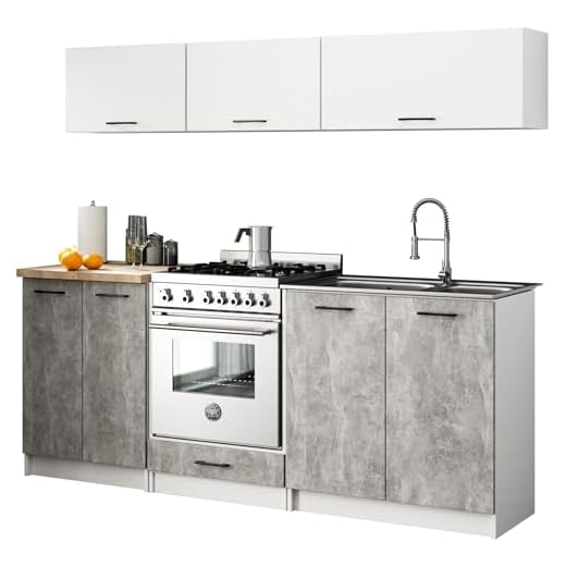 AKORD | Juego de muebles de cocina Olivia 2m G1 | Cocina completa pequeña | Componible a medida 46x180x174 cm | Diseño moderno y tradicional | Blanco y cemento frontal
