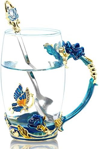 WOBOX 330ML Enamel Tea Cup Glass Coffee Mug Handmade Rose Flower Tea Mug for Valentine’s Day, Birthday, Christmas Gift with Stainless Steel Spoon Set