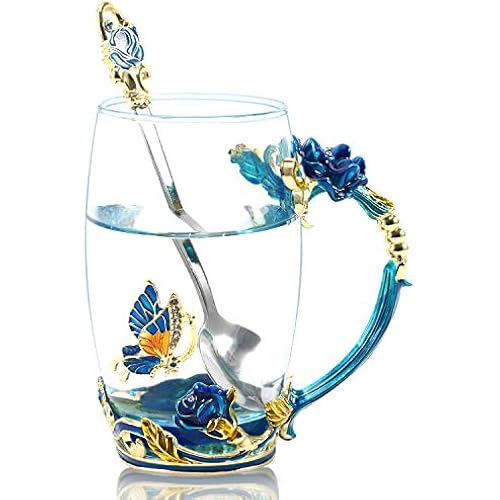 330ML Enamel Tea Cup Glass Coffee Mug Handmade Rose Flower Tea Mug for Father's Day,Mother's Day,Valentine’s Day, Birthday, Christmas Gift with Stainless Steel Spoon Set
